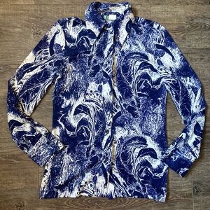 Grass Roots Artistic Blue White Garden Goddess Long Sleeve Blouse